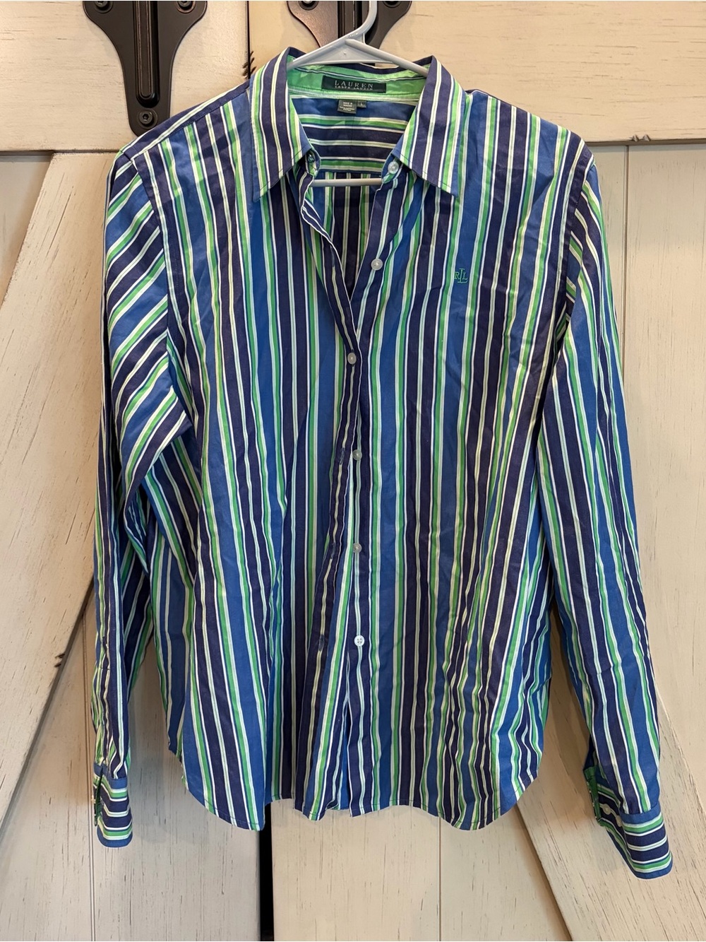 Ralph Lauren Men's Blue & Green Vertical Stripe Button-Down Shirt